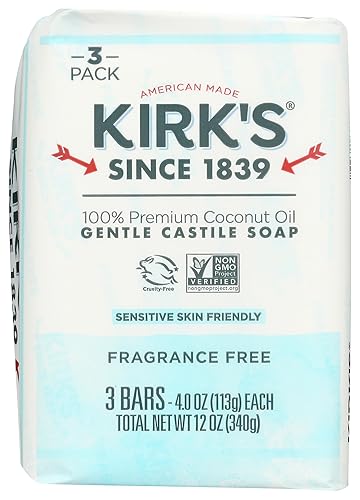 Kirk's Castile Bar Soap Clean Soap for Men, Women & Children | Premium Coconut Oil | Sensitive Skin Formula, Vegan | Fragrance-Free/Unscented | 4 oz.