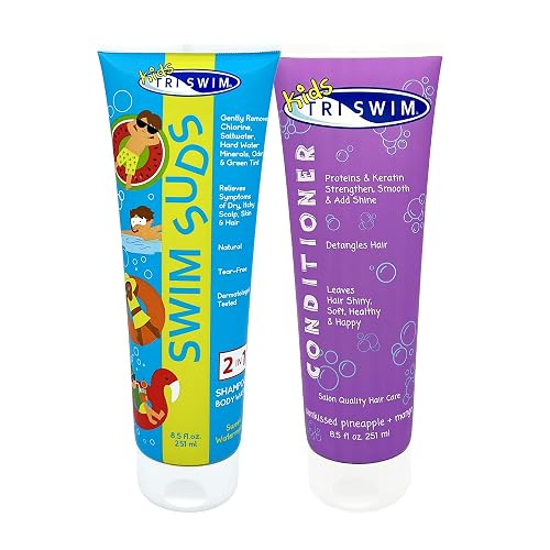 TRISWIM Kids Swim Suds & Conditioner Set 8.5 fl oz each | Natural Tear-Free 2-in-1 Shampoo Chlorine Removal & Body Wash with Detangler - Gentle Hair