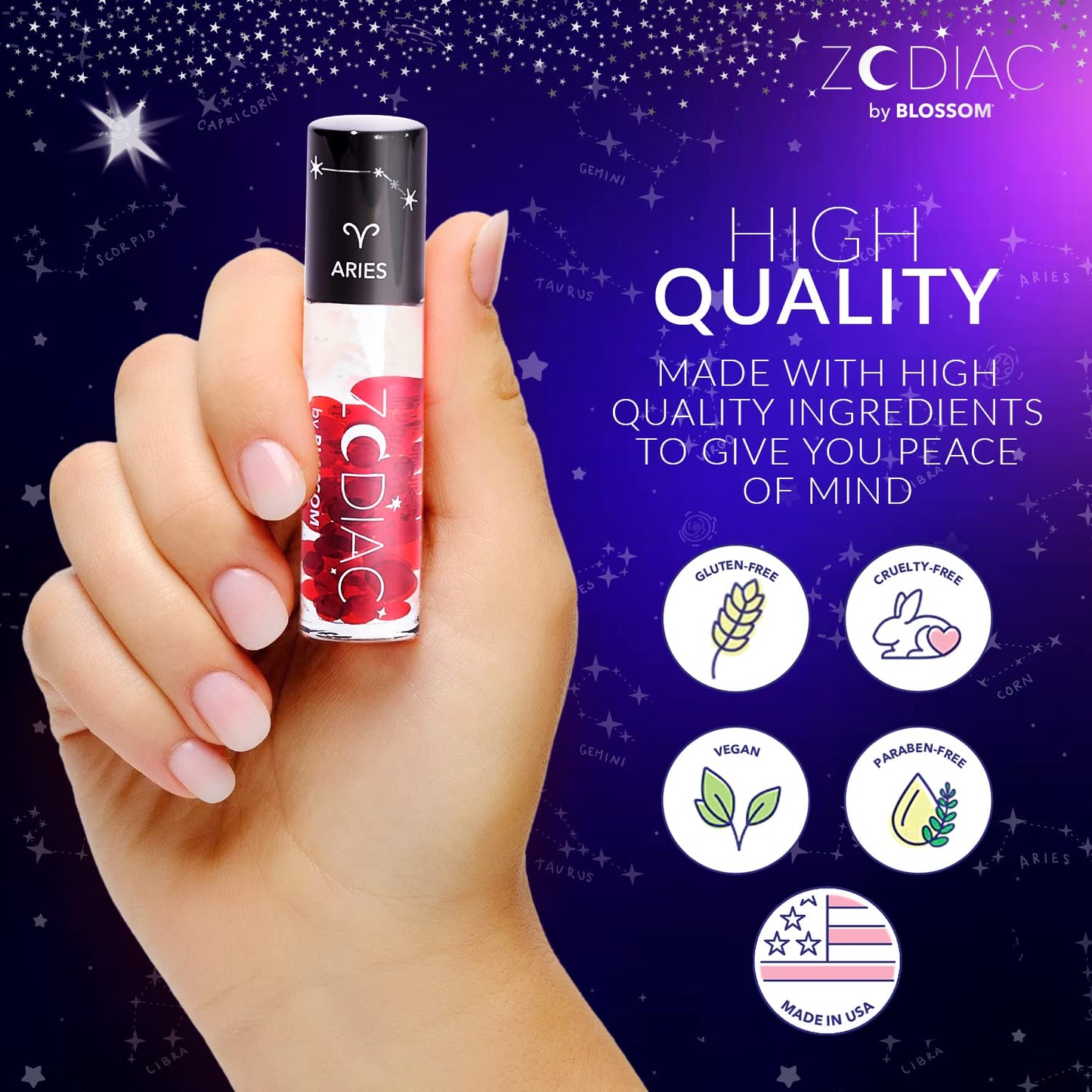 Blossom Lip Gloss Zodiac Sign Vanilla Scented Roll-On Lip Gloss, Moisturizing + Hydrating with Zodiac Crystals, Made in USA, 0.20oz, Aries