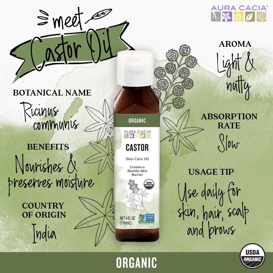 Aura Cacia Skin Care Oil - USDA Organic - Castor Oil - 4 fl oz - 100% Pure Botanical Ingredients