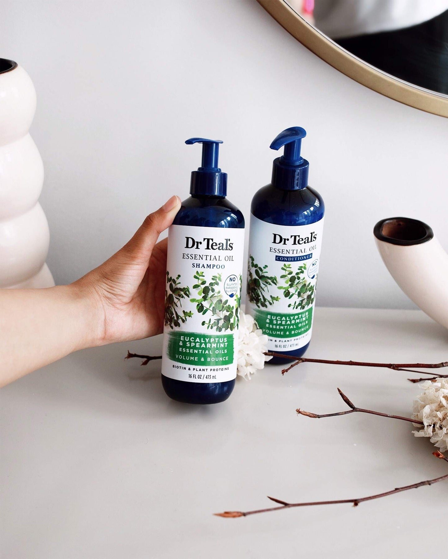Dr Teal's Eucalyptus Spearmint Volume Bounce Essential Oil Conditioner Sulfate Free, 16 Fl Oz