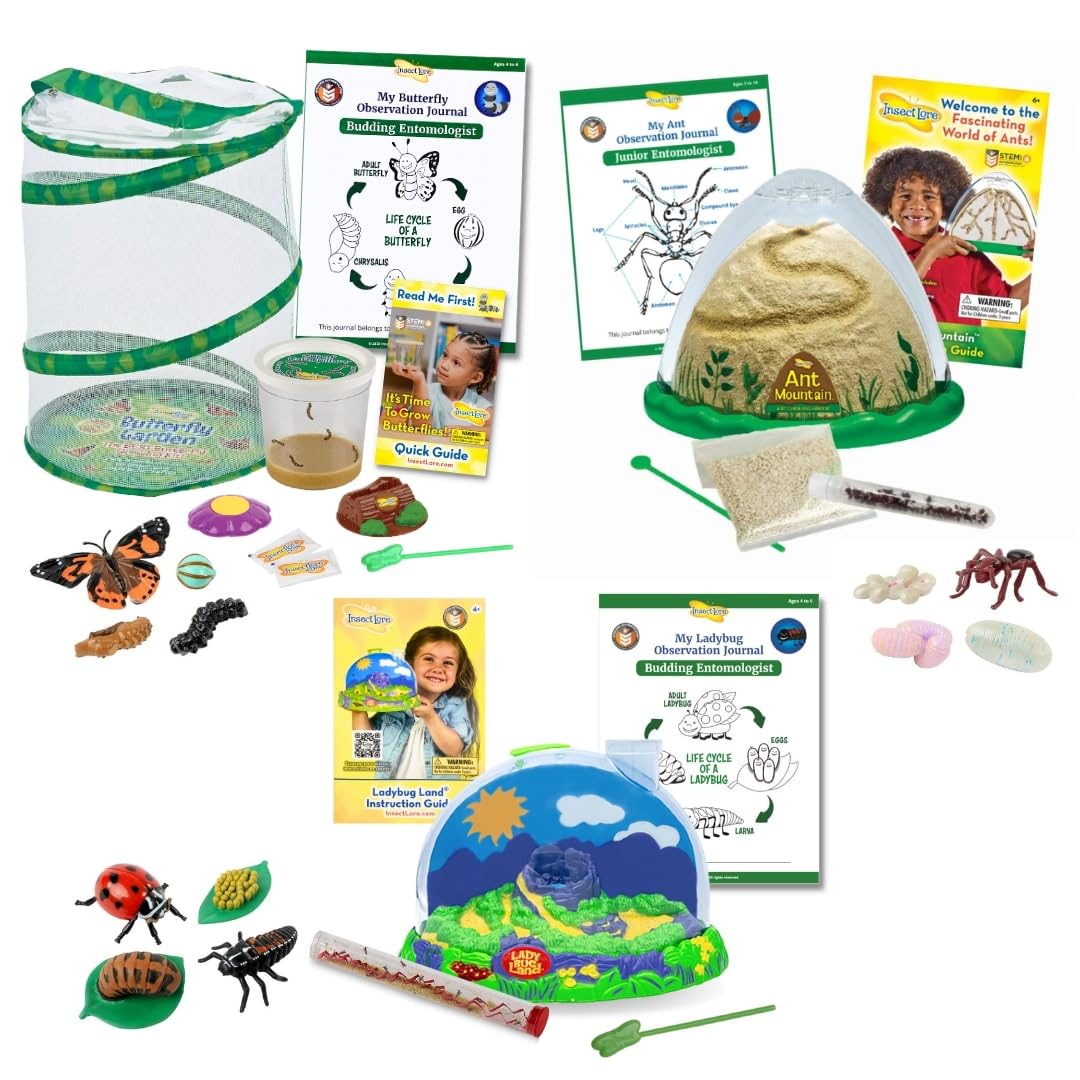 Insect Lore Bug Camp Bundle – Live Butterfly, Ladybug & Ant Kits with Caterpillars, Larvae, Ants & Bonus Life Cycle Figurines