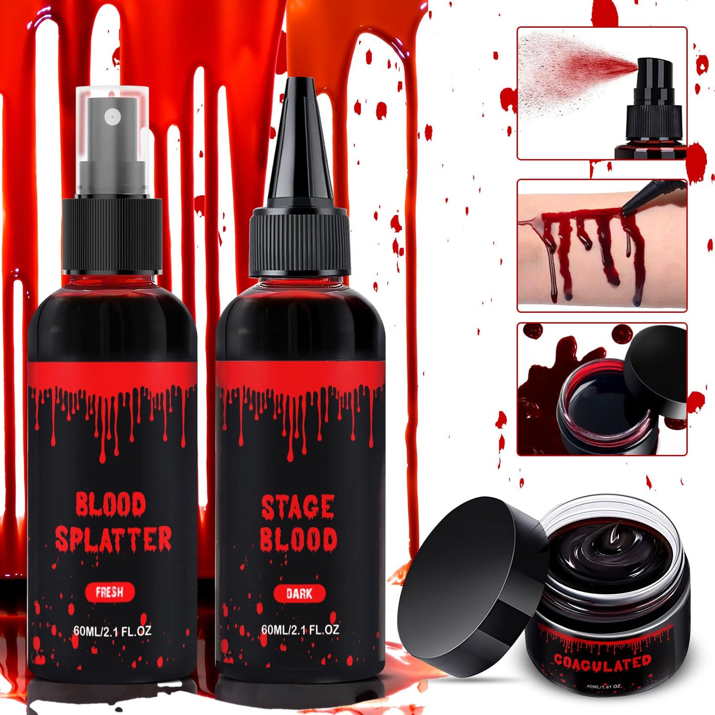 Halloween Fake Blood Makeup Kit 3PCS, Blood Spray 2.1oz, Dripping Blood 2.1oz, Coagulated Gel 1.41oz, Washable SFX Makeup Set for Vampire Zombie