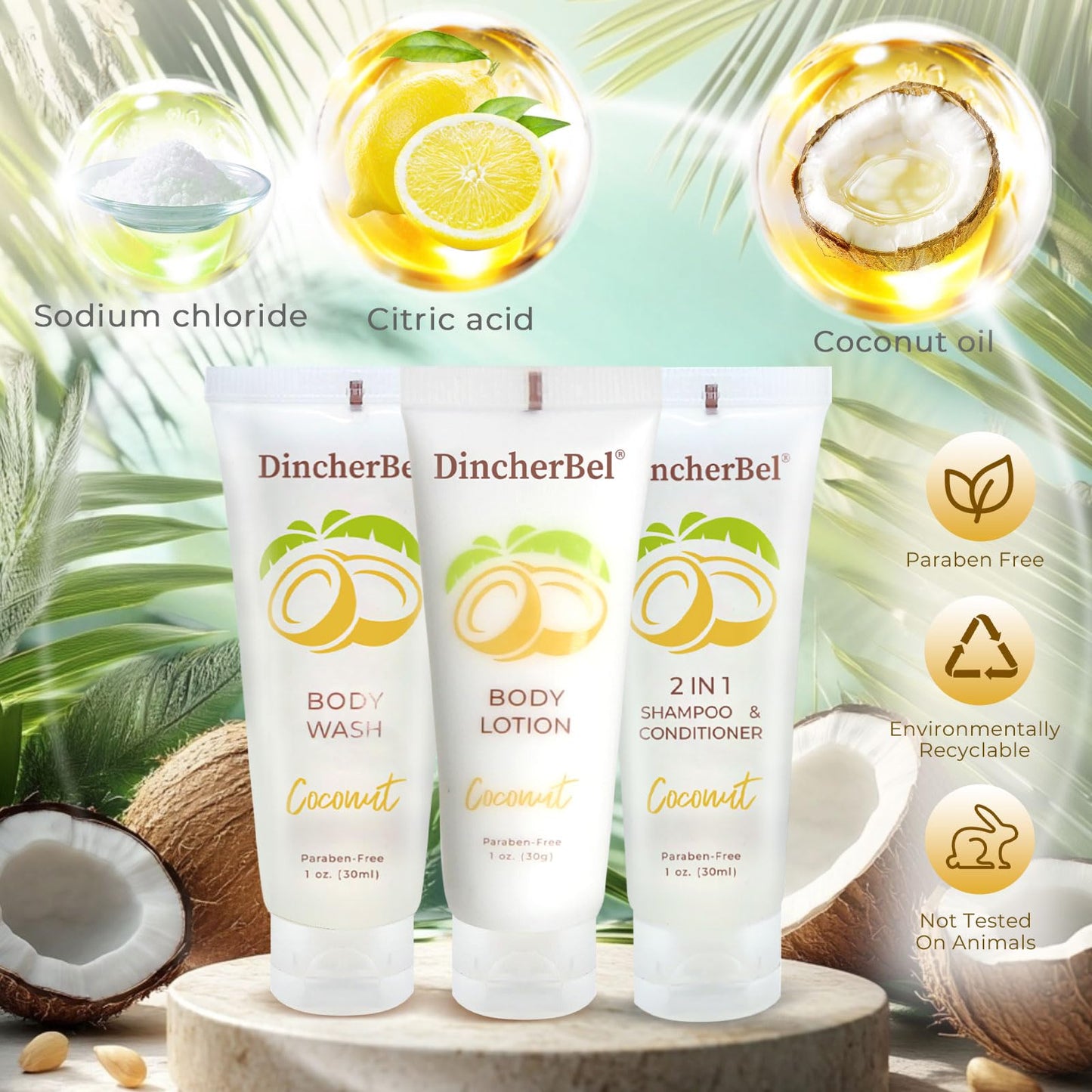 Travel Size Toiletries Kits, Bulk Mini Hotel Guest Amenities (Tropical Coconut, 1oz each), 3-Piece Sets Refreshing Coconut Scent - 50 Shampoo