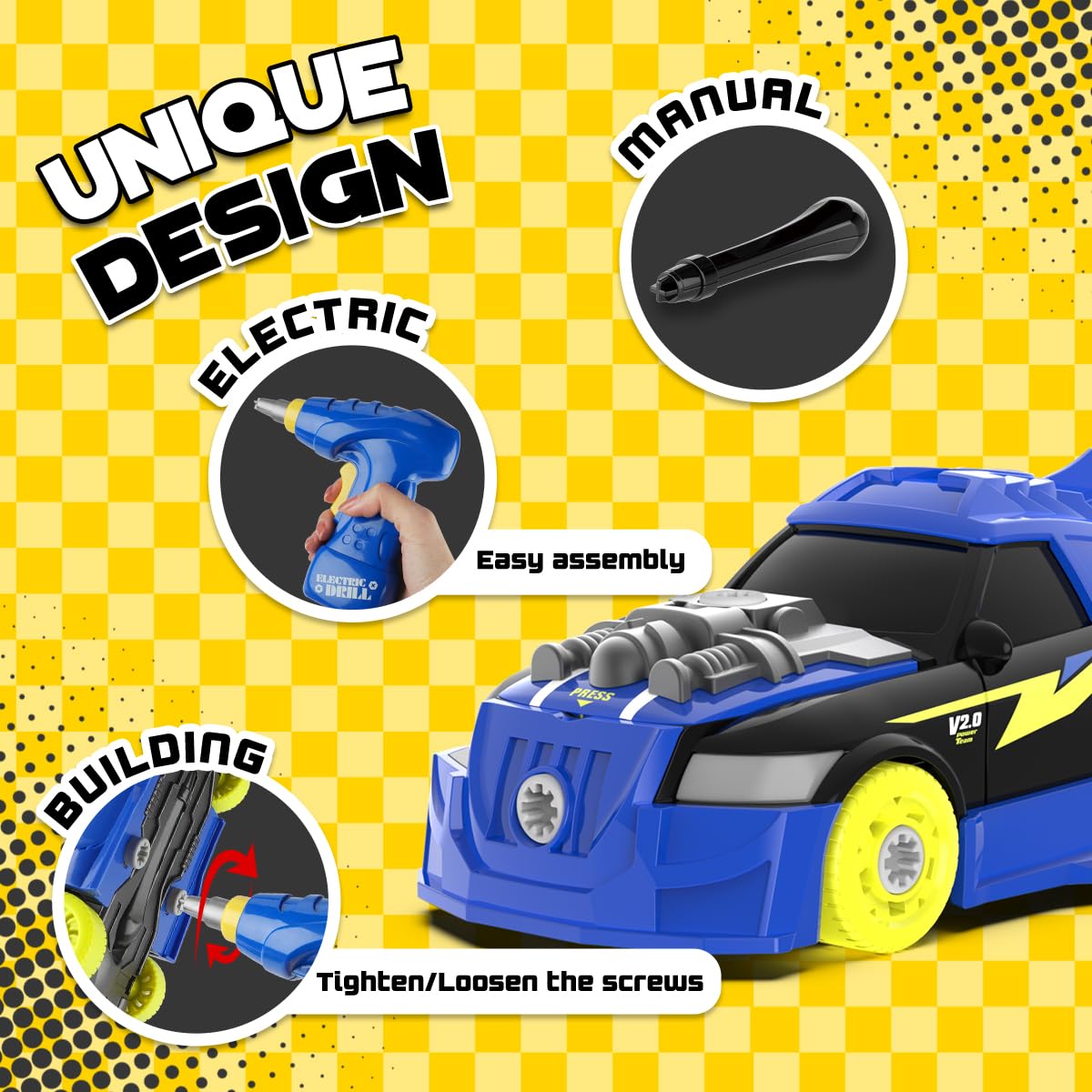 GILOBABY 26-Piece Take Apart Racing Car – STEM Building Toy with Electric Drill, Lights & Sounds, Educational Gift for Boys Ages 3–5