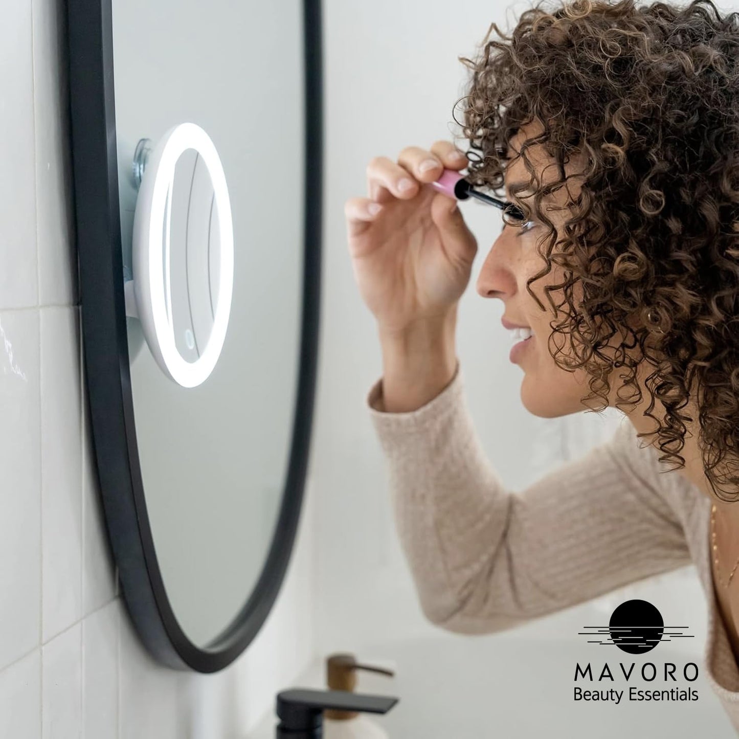 Mavoro 6.8" LED Magnifying Mirror with 3 Strong Suction Cups | 10X Magnification | Portable Lighted Travel Makeup & Cosmetic Mirror with Light (4 AAA