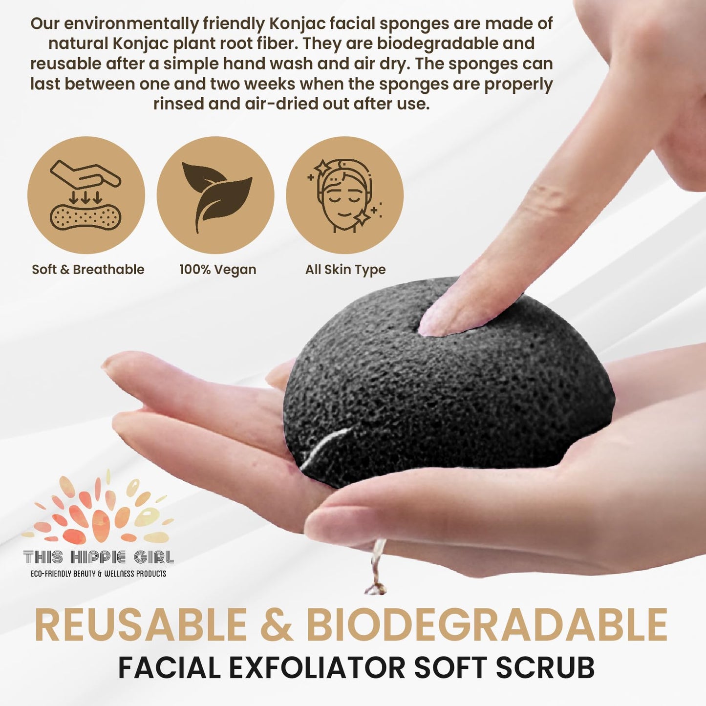 This Hippie Girl | Konjac Exfoliating Organic Facial Sponge | Plant Based Gentle Exfoliating Face Scrubbie | Acne Control Sponge | Charcoal Black