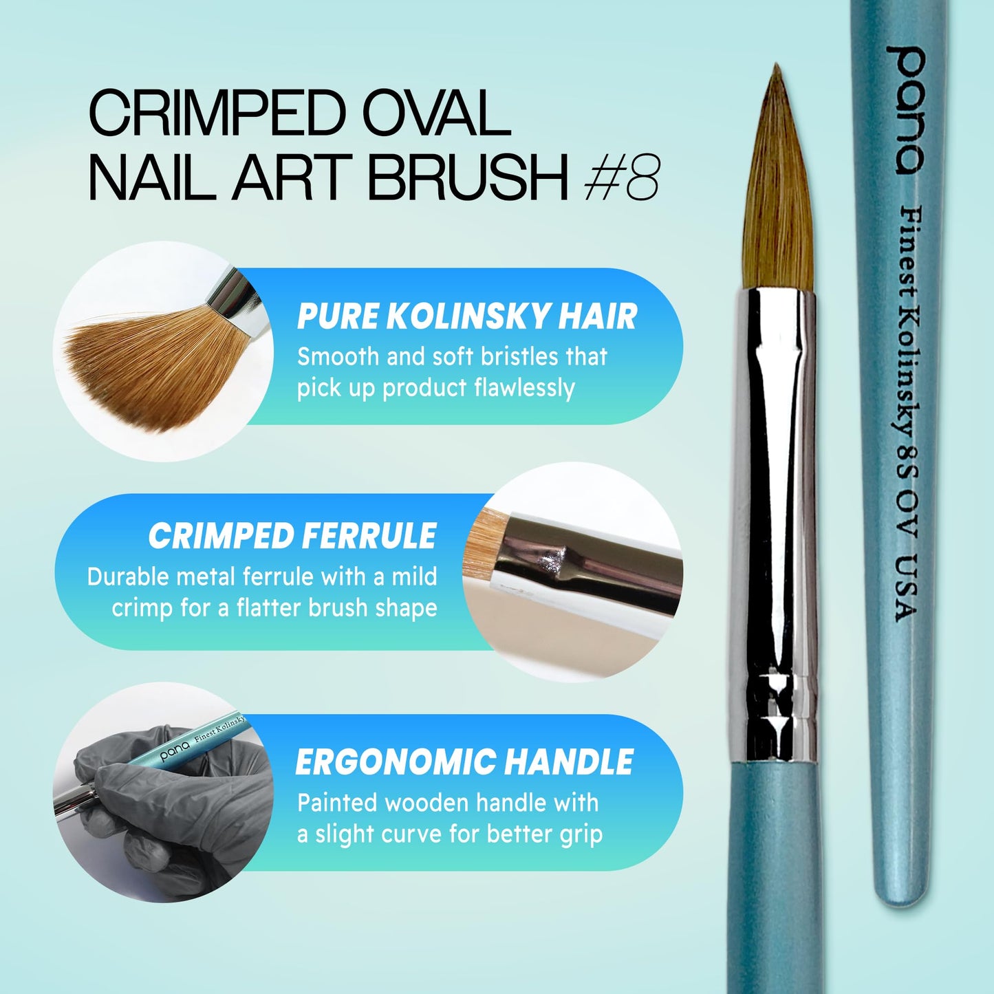 pana USA Acrylic Nail Brush100% Pure Kolinsky Hair New Teal Wood Handle with Silver Ferrule Oval Crimped Shaped Style (Size # 8) Beauty & Personal Care PANA
