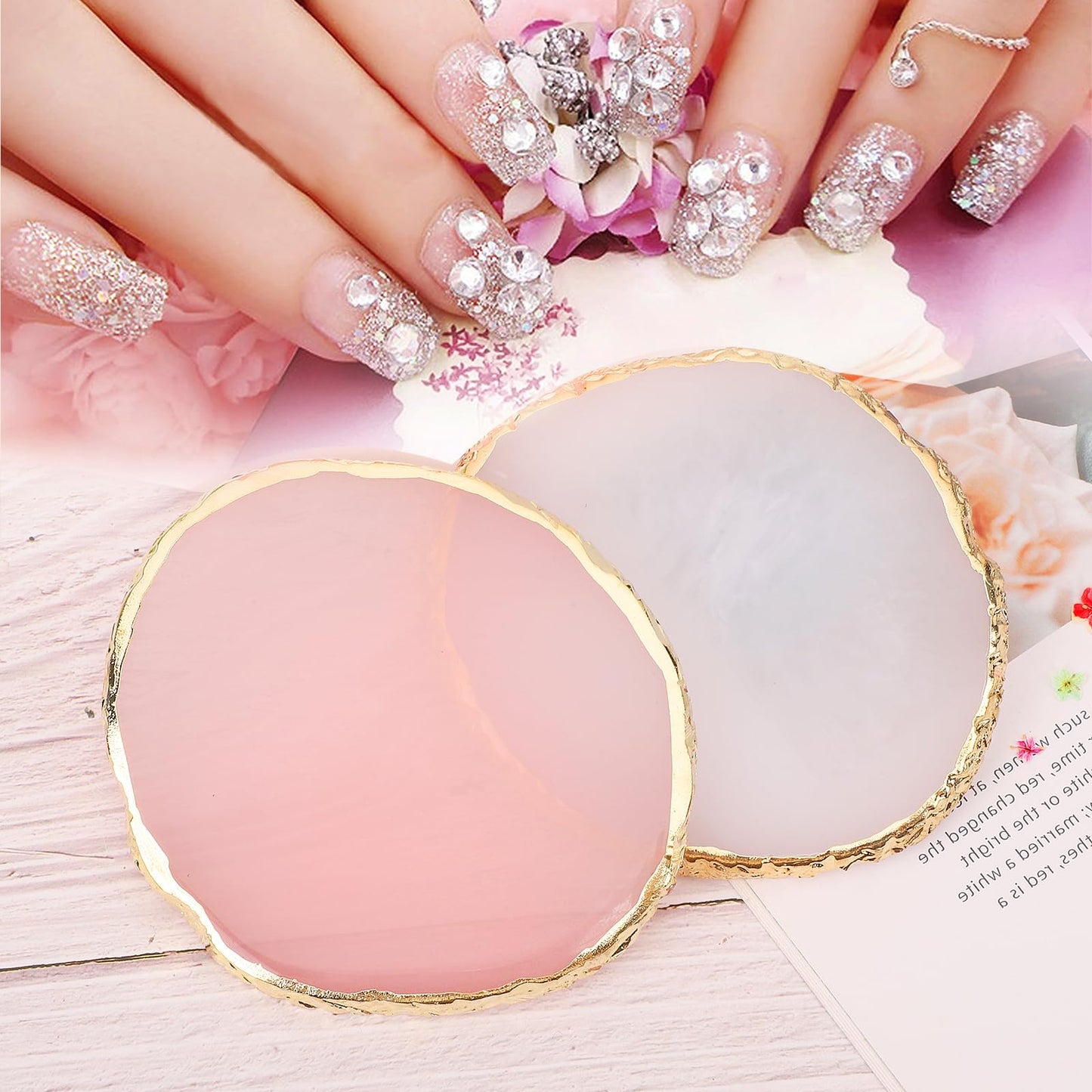 2 Pcs Resin Nail Art Palette Set, Pink & White, Gold Edge, 10 x 8 cm Beauty and Personal Care Pengxiaomei