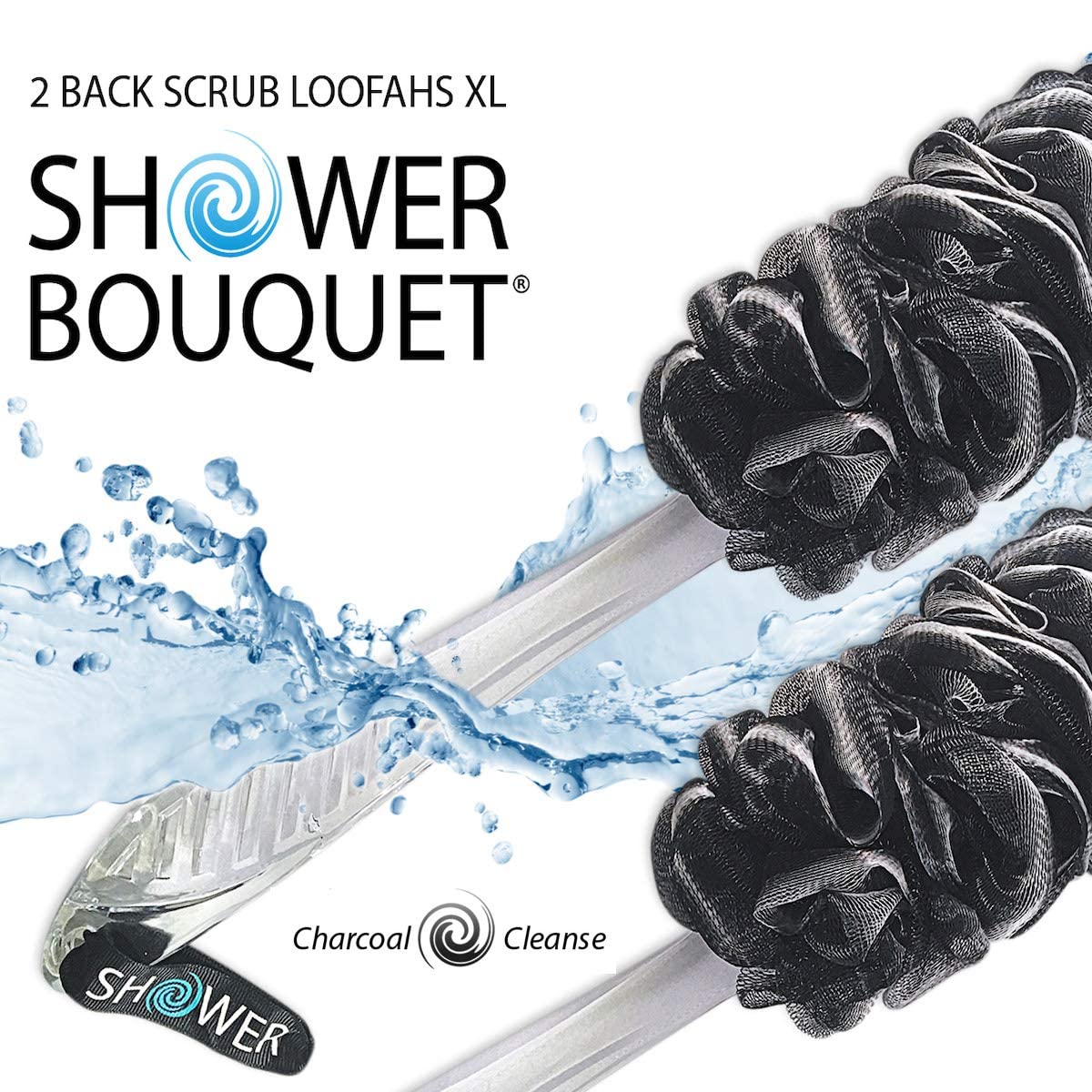 SHOWER BOUQUET Loofah-Charcoal Back-Scrubber 2-Pack // Long-Handle Bath-Sponge Brush/Extra Large Soft Mesh Loofa-Lufa-Loufa for Men & Women