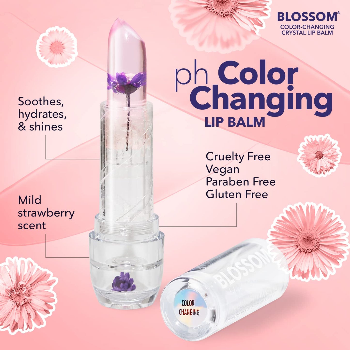Blossom Moisturizing Scented pH Color Changing Crystal Lip Balm Strawberry Scented Lip Stain Tint, Mini Coconut Rollon Scented Lip Gloss, Infused
