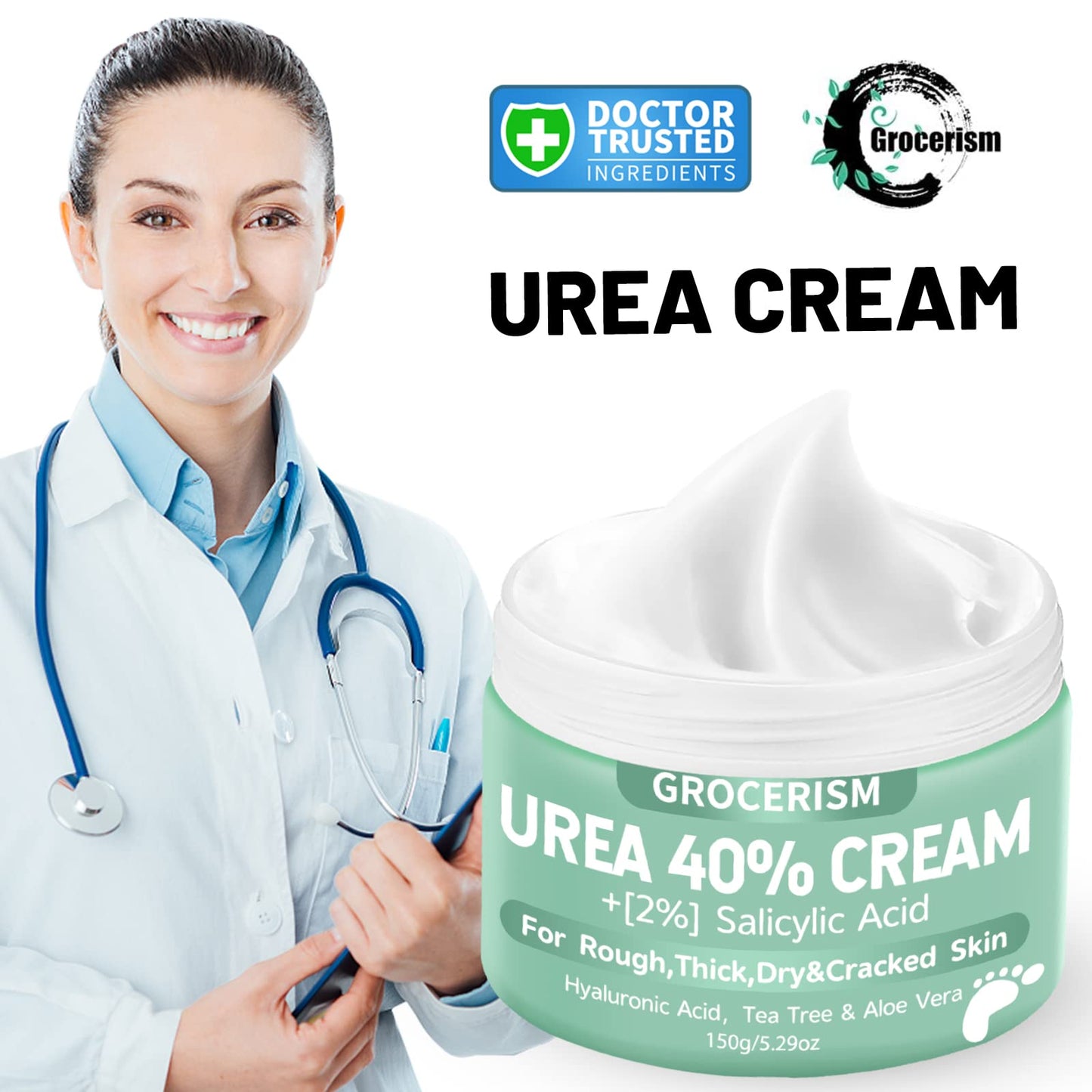 Grocerism Urea Cream 40 Percent For Feet Plus 2% Salicylic Acid 5.29 oz || Foot Cream and Hand Cream Maximum Strength with Hyaluronic Acid,Tea