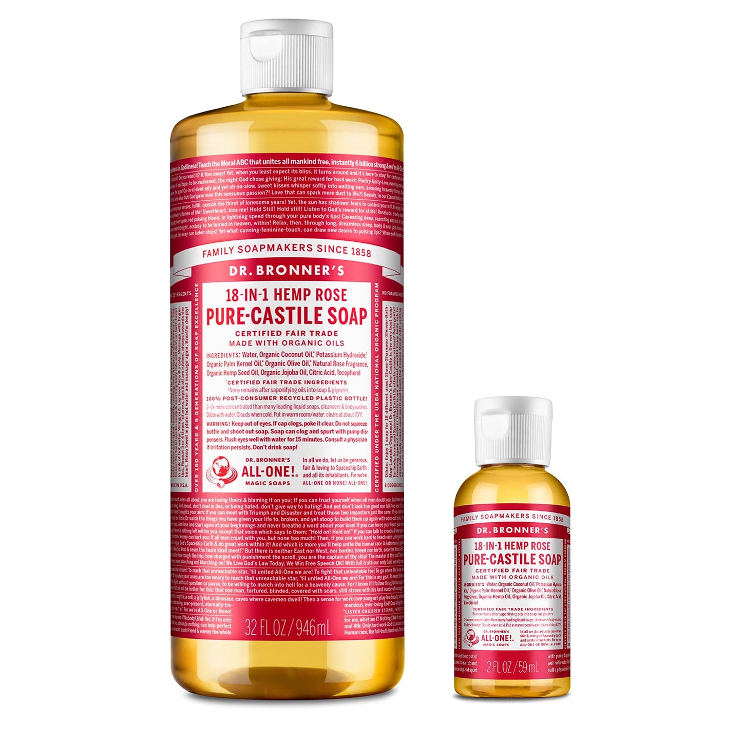 Dr. Bronner's Pure-Castile Liquid Soap - Rose Bundle. 32 oz. Bottle and 2 oz. Travel Bottle