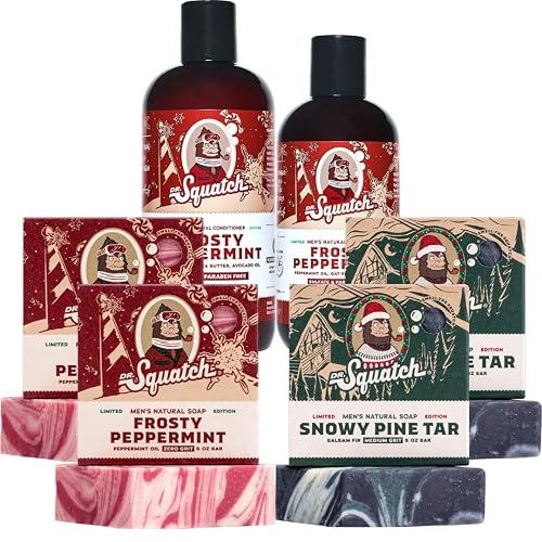 Dr. Squatch Men's Natural Soap and Hair Care - Snowy Pine Tar and Frosty Peppermint Shampoo and Conditioner - Blizzard Expanded Pack - Limited Edition