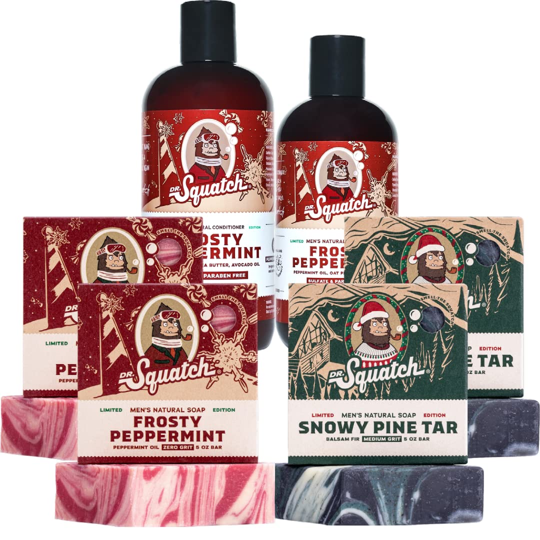 Dr. Squatch Men's Natural Soap and Hair Care - Snowy Pine Tar and Frosty Peppermint Shampoo and Conditioner - Blizzard Expanded Pack - Limited Edition