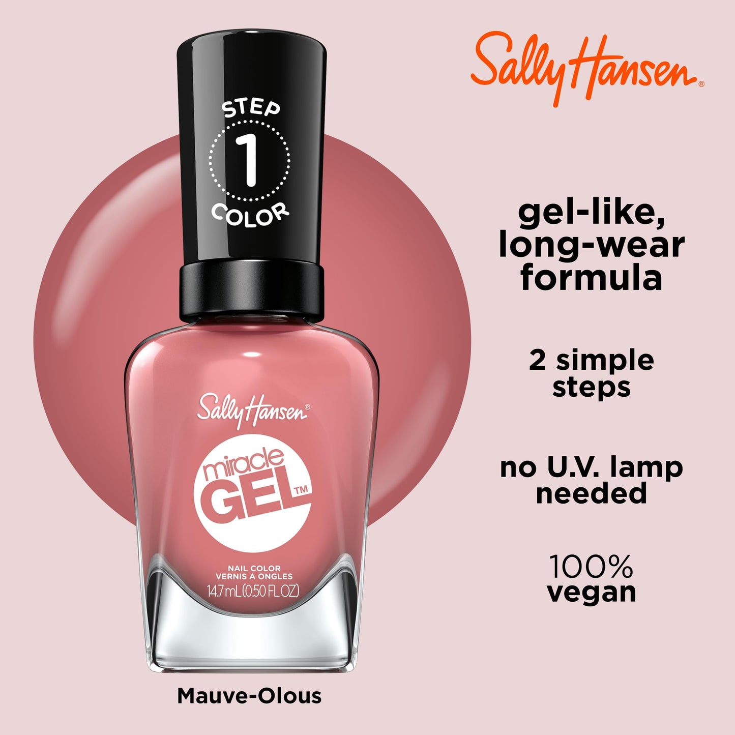 Sally Hansen Miracle Gel™, Mauve-olous, Long Lasting, Gel-Like Formula, No UV Lamp Needed, Pink Nail Polish