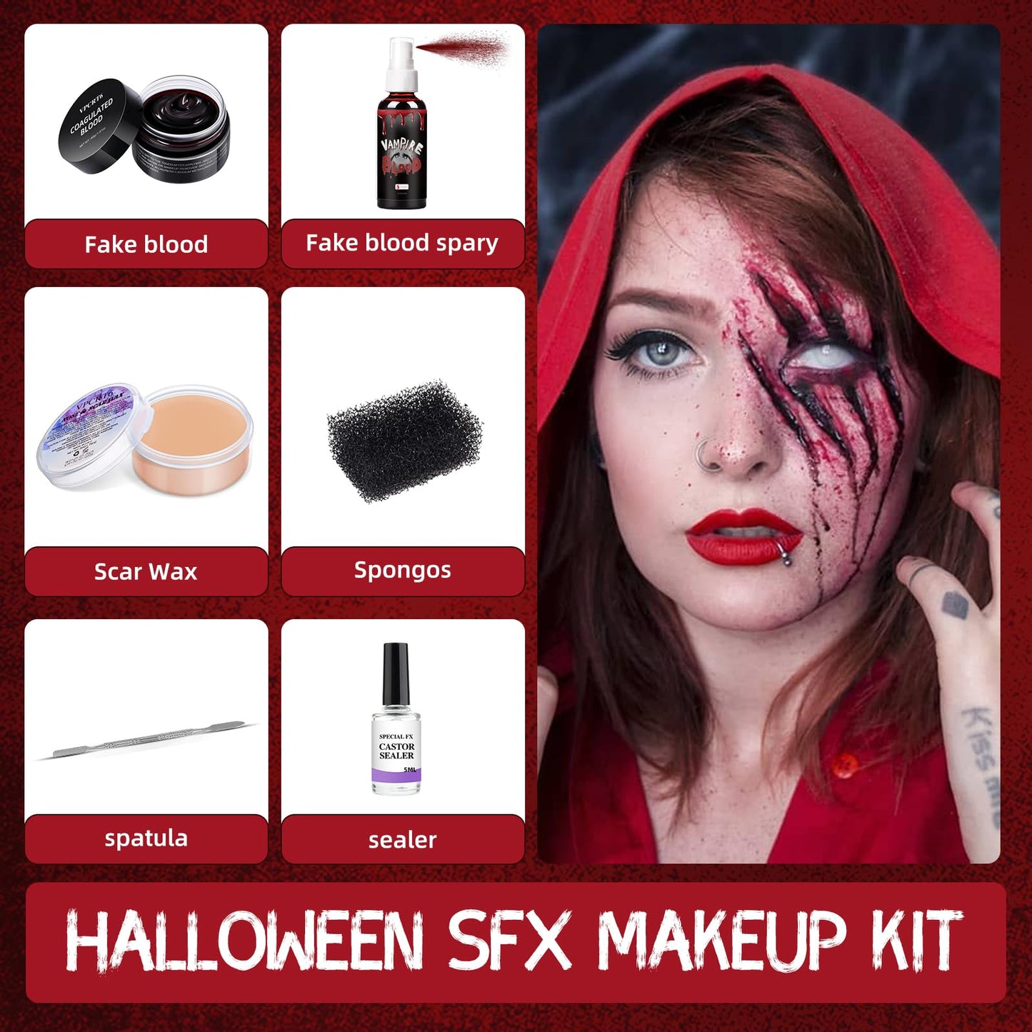 SFX Makeup Kit Scars Wax, Fake Blood Spray, Professional Scar Wax&Blood Effects Set with Coagulated Blood Gel&Spray, Metal Spatula, Sealer & Black