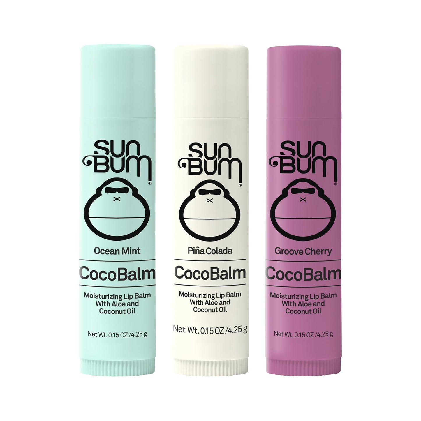 Sun Bum Cocobalm 3 Flavor Variety Pack - Ocean Mint, Piña Colada, and Groove Cherry - Hydrating Lip Balm with Coconut Oil and Aloe Vera (0.15 oz, 3