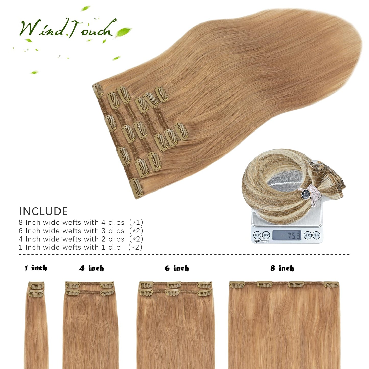 WindTouch Clip in Hair Extensions Real Human Hair Dark Blonde Hair Extensions 15Inch Straight 7PCS #12 Reddish Blonde 75g Human Hair Clip