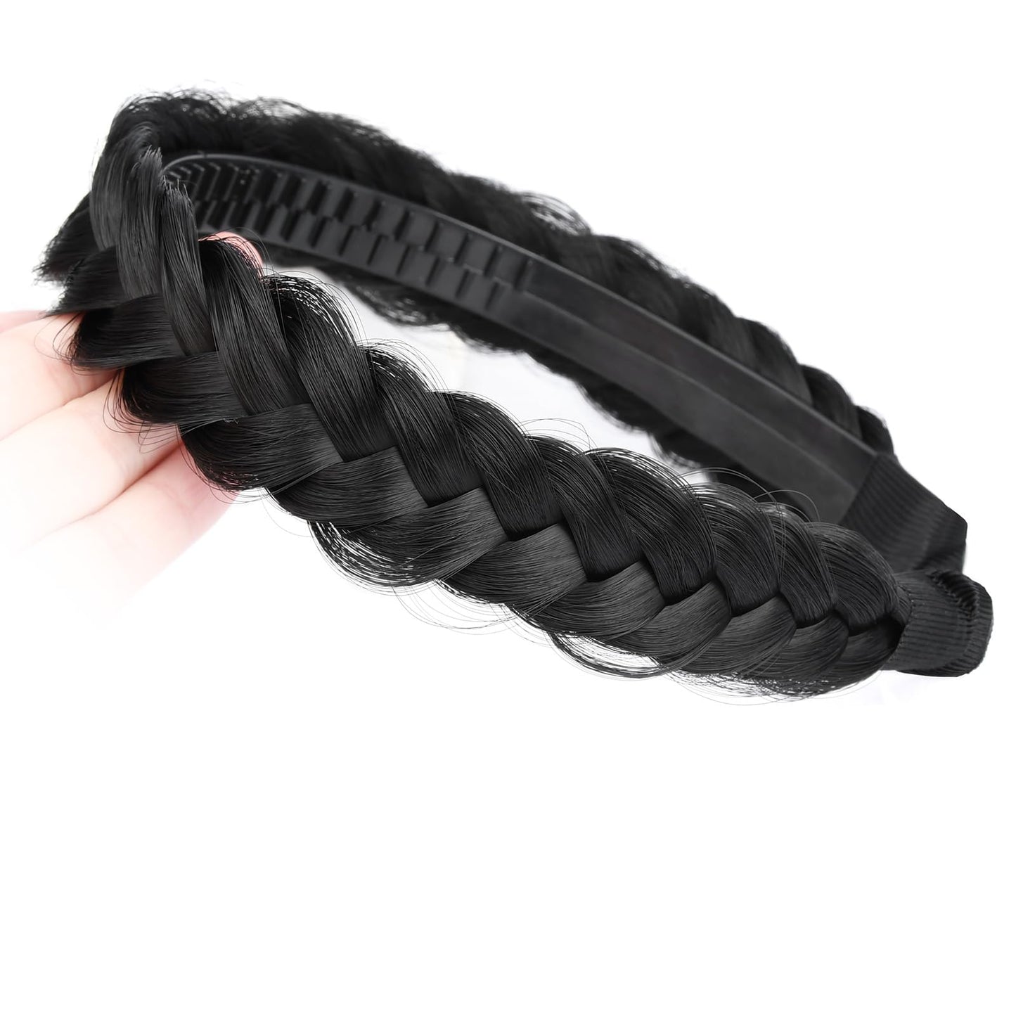 DIGUAN Headband Synthetic Hair Plaited Headband Braid With Teeth Hair Band Accessories for Women Girl Width 1.5 Inch (W-Natural Black)