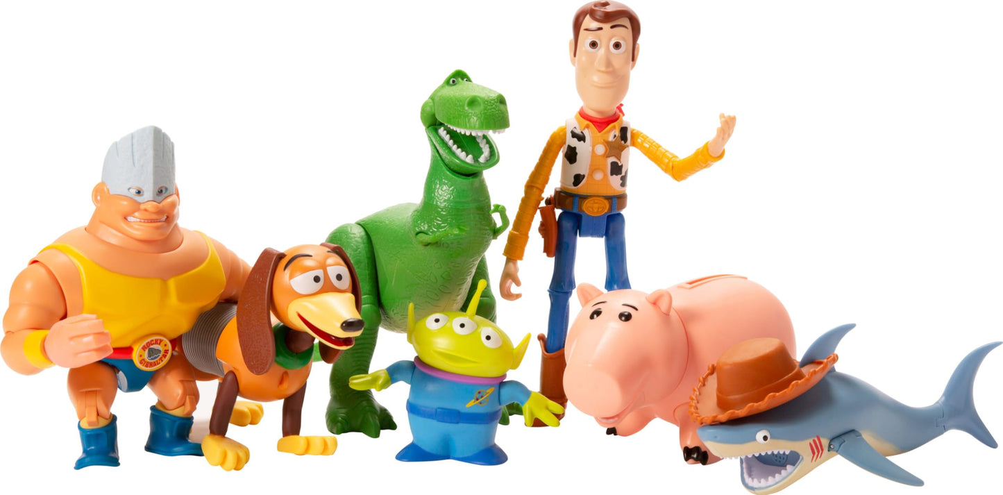 Mattel Disney and Pixar Toy Story Set of 7 Action Figures with Woody, Slinky, Rex, Hamm, Alien, Rocky & Shark, Disney100 Collectible