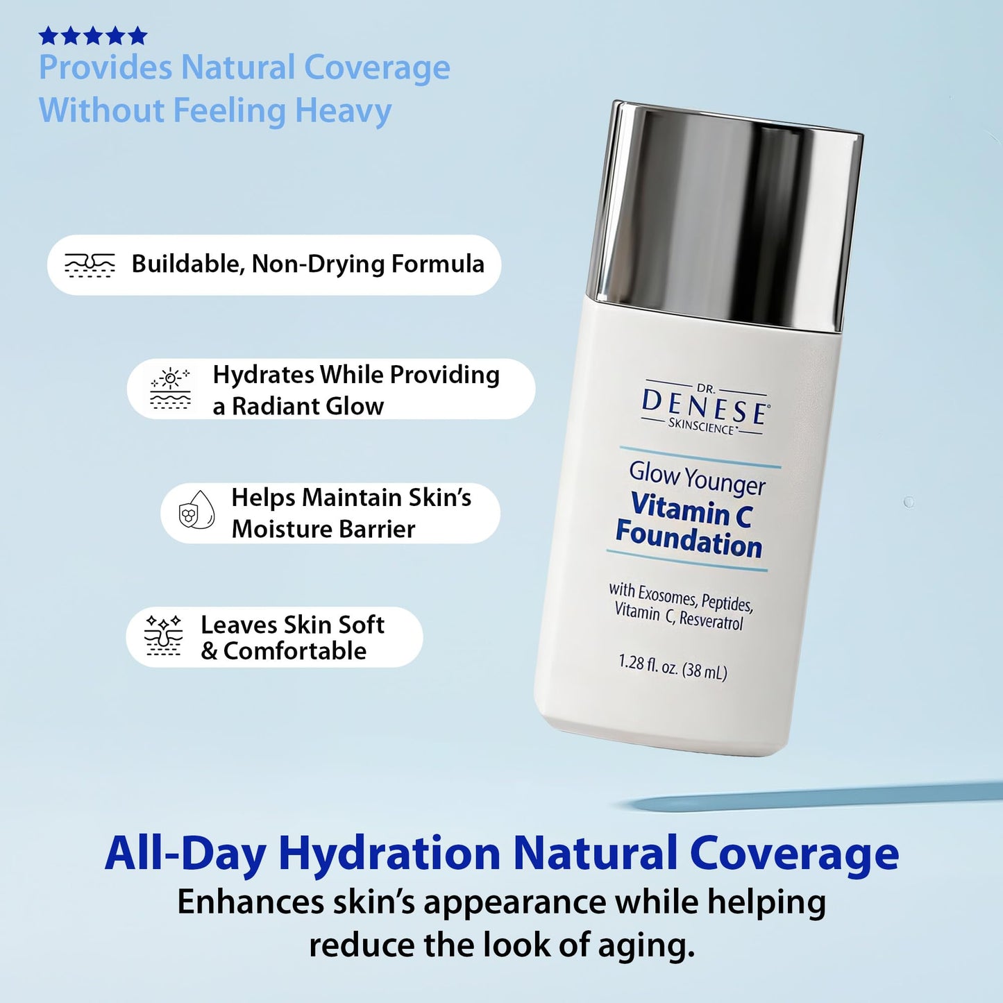 Dr. Denese Glow Younger Vitamin C Foundation 1.28 oz - Lightweight Coverage for Radiant & Youthful Glow - Natural Finish Makeup with Vitamin C, Exosomes, Matrixyl 3000 Peptides & Resveratrol (Rich)