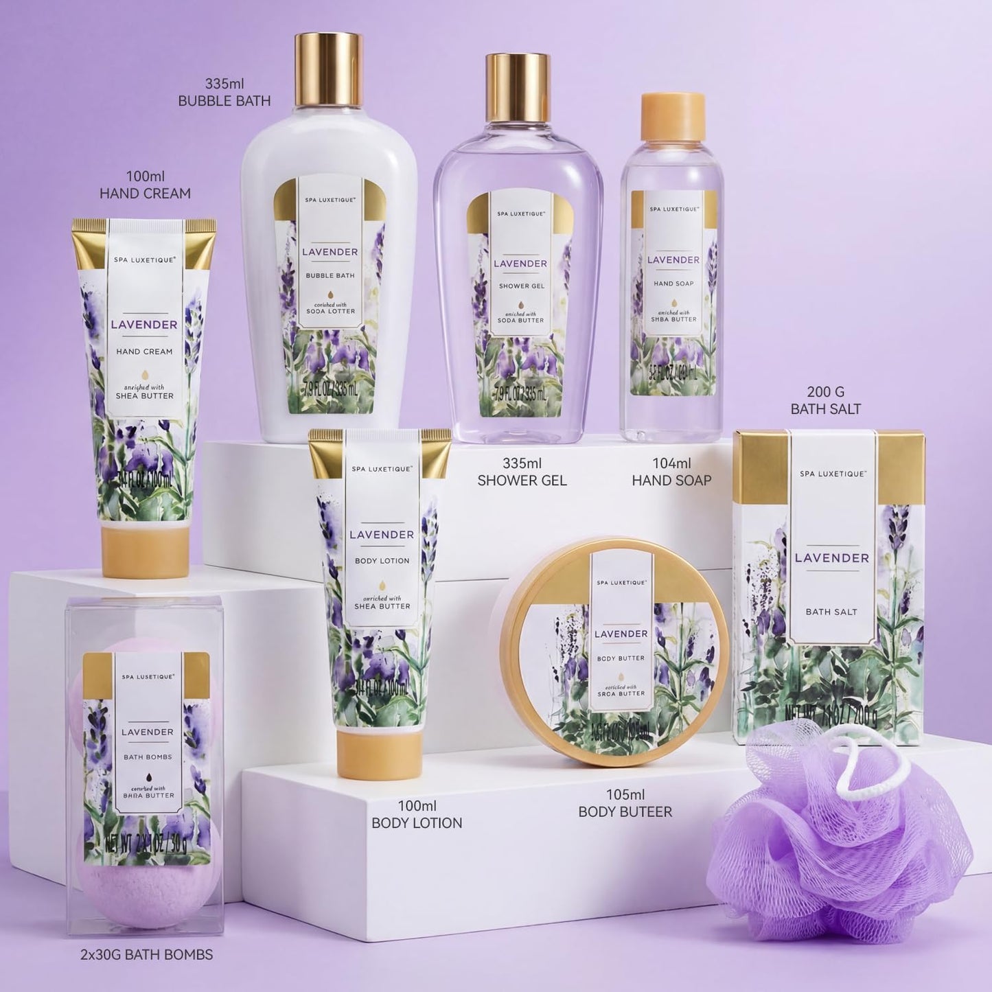 Spa Luxetique Gift Baskets for Women, Spa Gifts for Women - 10pcs Lavender Bath and Body Sets with Body Lotion, Bubble Bath, Relaxing Spa Sets