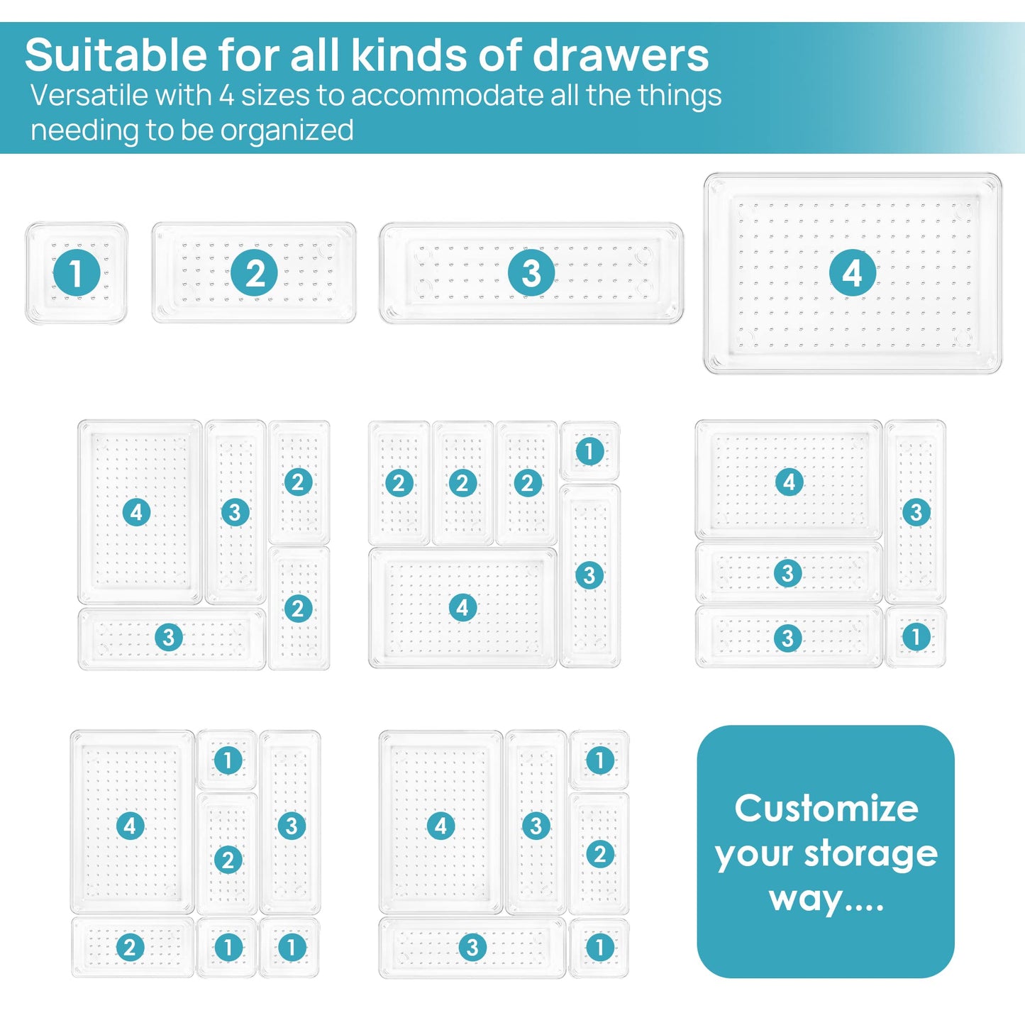 Vtopmart 25PCS Clear Drawer Organizer Set – 4 Sizes for Bathroom, Kitchen, Makeup, Utensils, Office & Vanity Storage Bins
