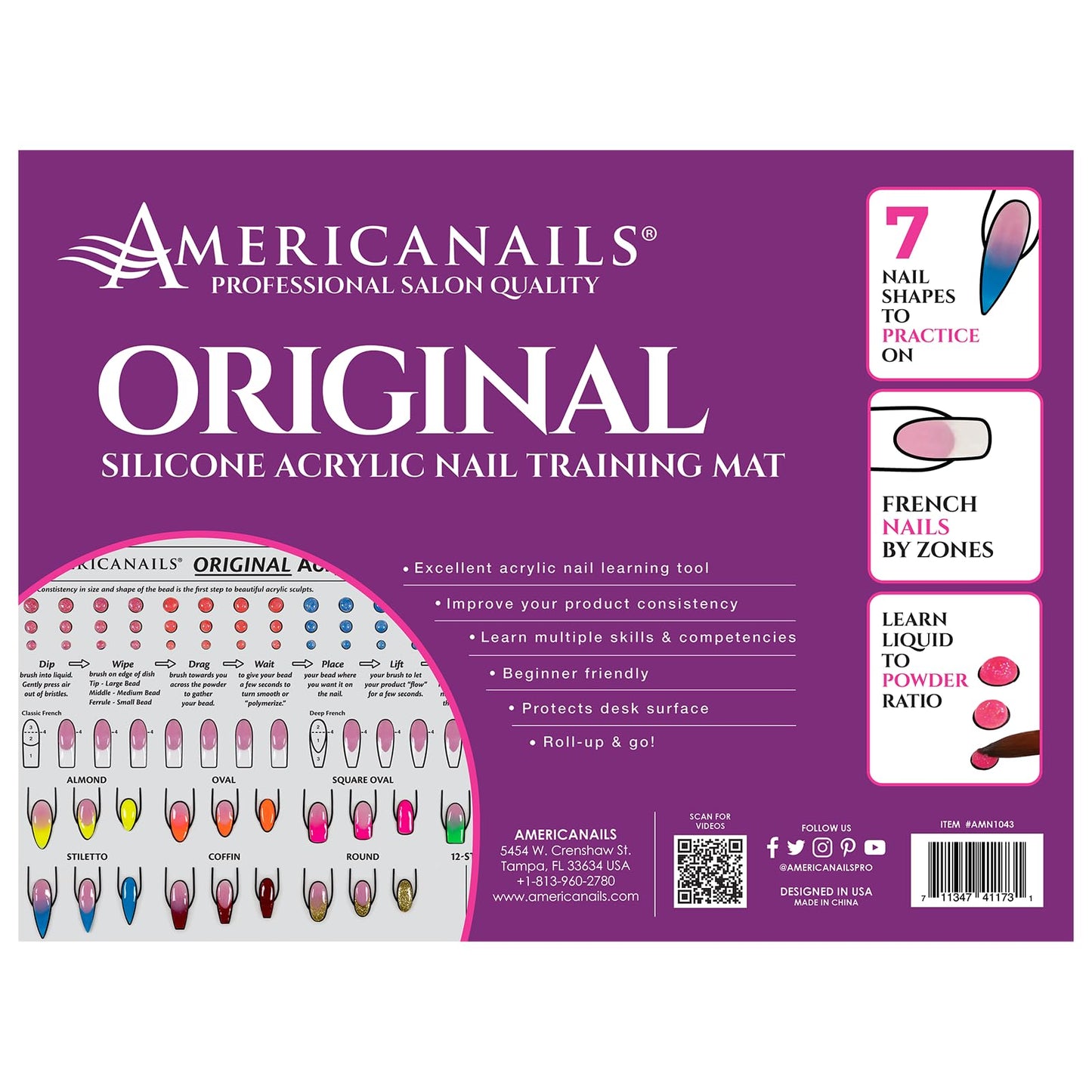 Americanails Acrylic Nail Training Mat - Silicone Trainer Sheet for Application Practice, Flexible Roll Up Pad Template for Acrylic Fingernails, Learn