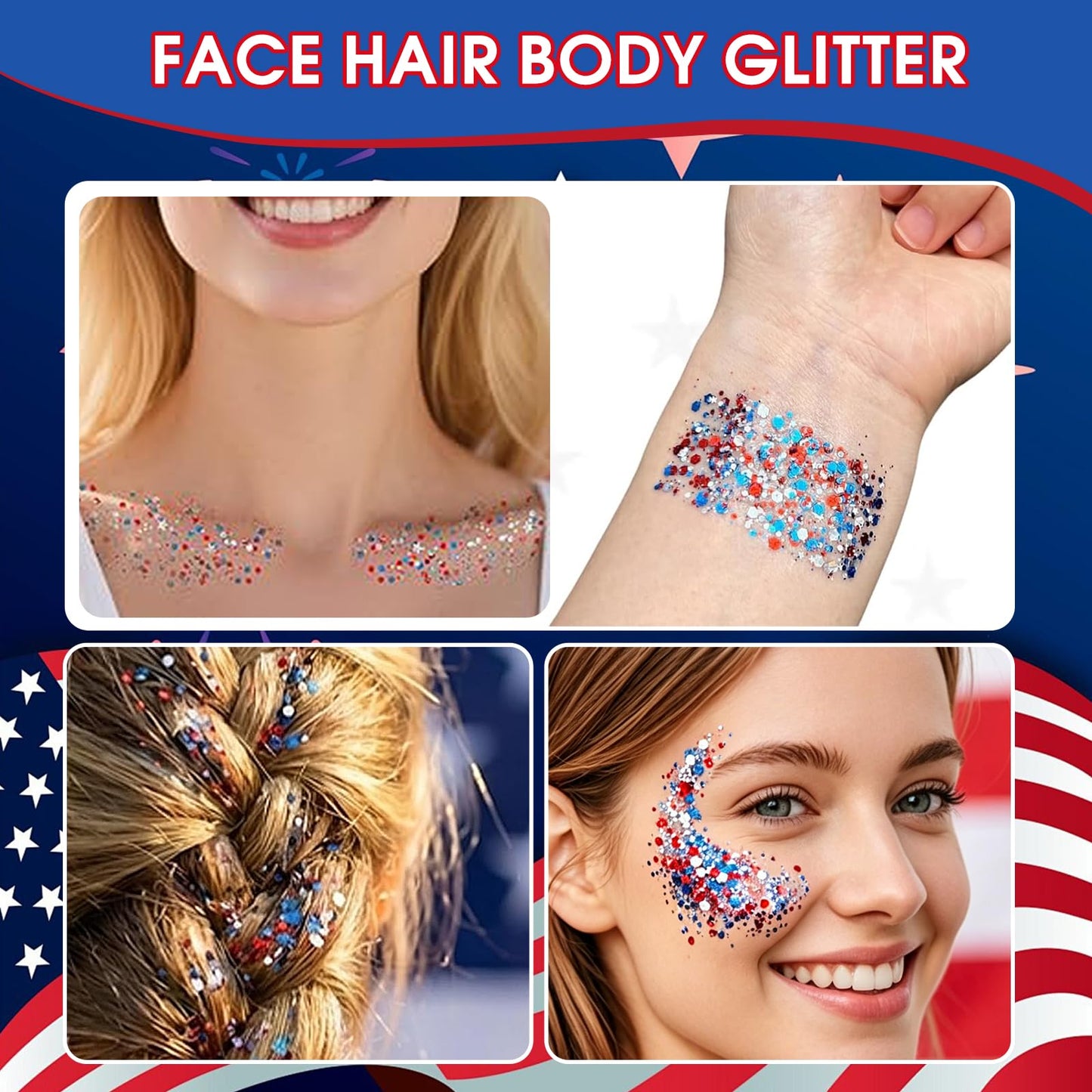 4th of July Glitter Stick, Body Glitter Stick,Mardi Gras Accessories,Sparkling Face Hair Glitter,Mermaid Sequins Chunky Glitter Face Paint,Singer