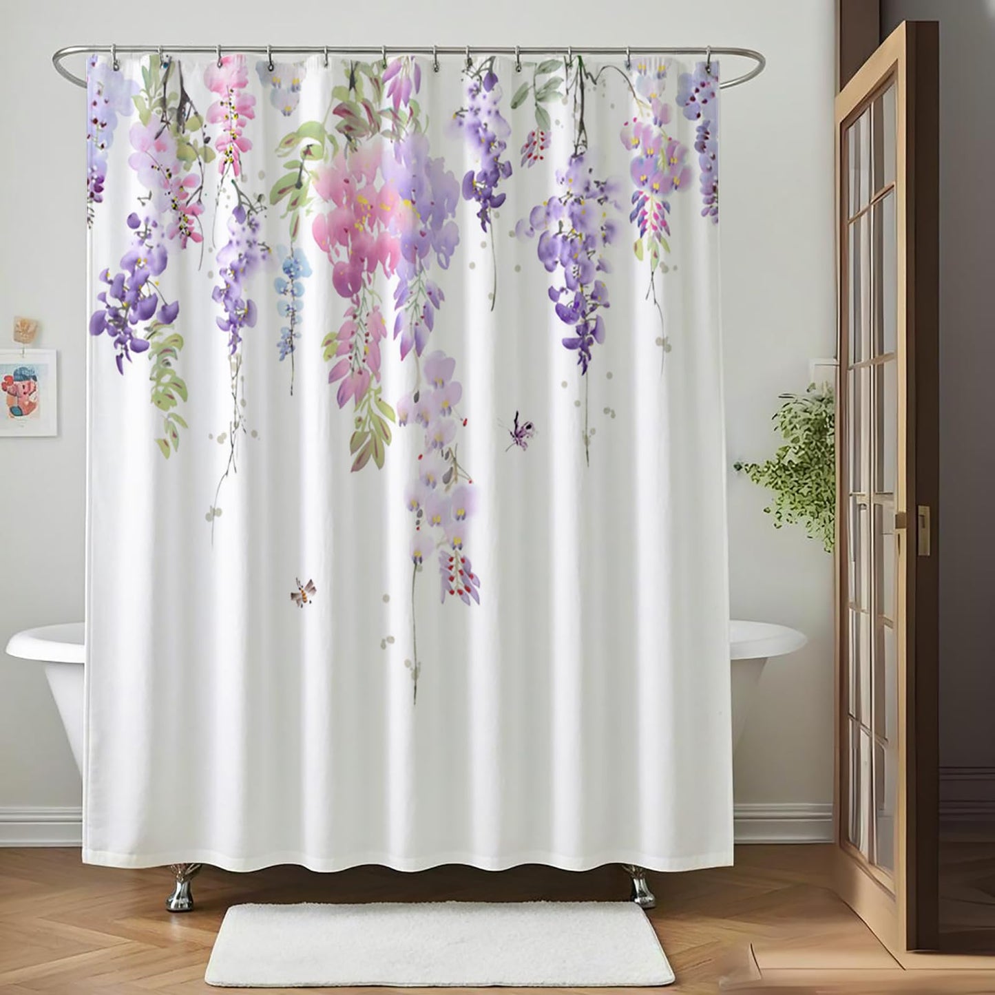 BECAN Floral Shower Curtain,Purple Wisteria Floral Polyester Fabric Waterproof Layer Thickening Shower Curtain 72X72Inches