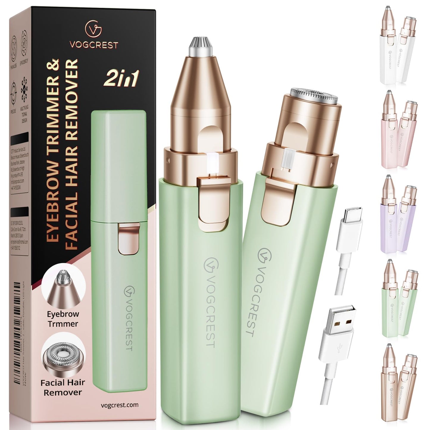 VOGCREST Hair Trimmer, 2 in 1 Facial Hair Remover & Eyebrow Trimmer for Women - Rechargeable, Portable, LED Light