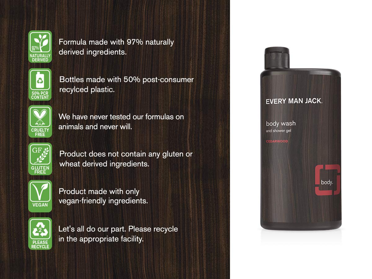 Every Man Jack Men's Body Wash - Cedarwood | 16.9-ounce Twin Pack - 2 Bottles Included | Naturally Derived, Parabens-free, Pthalate-free, Dye-free