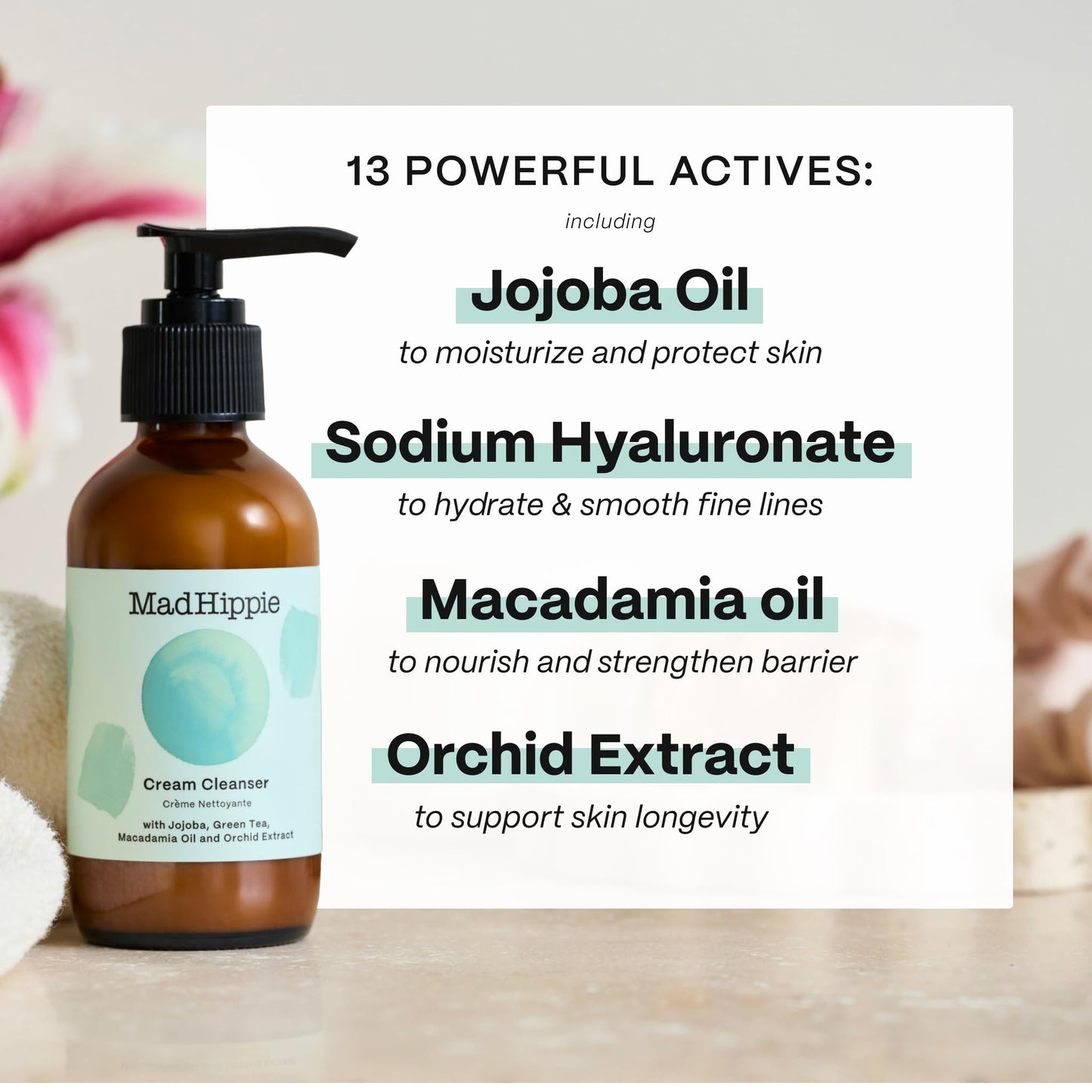 Mad Hippie Cream Cleanser - Gentle Formula with Hyaluronic Acid, Jojoba Oil & Green Tea, Skin Barrier Protection, 4 Oz Ea