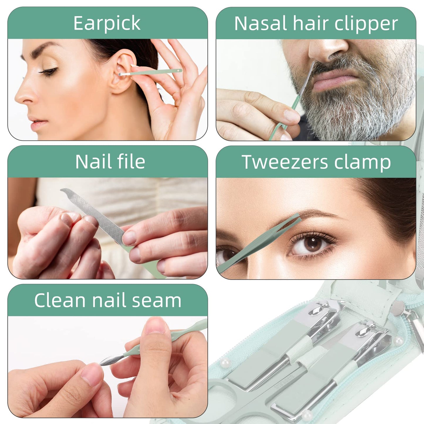 12-Piece Nail Care Kit, Mint Green Leather Travel Case,Manicure Set Personal Care, Nail Clipper Kit,Nail Tools with Luxurious Travel Case, Gifts
