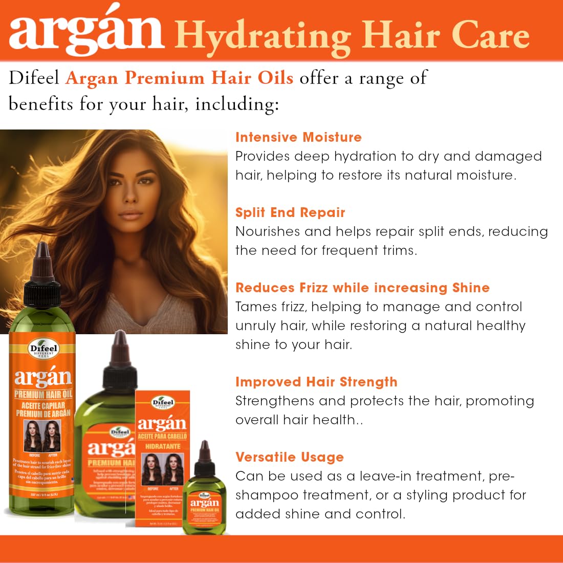 Difeel Argan Hydrating Premium Hair Oil 8 oz. - Hair Oil for Dry Hair and Natural Hair Oil Treatment