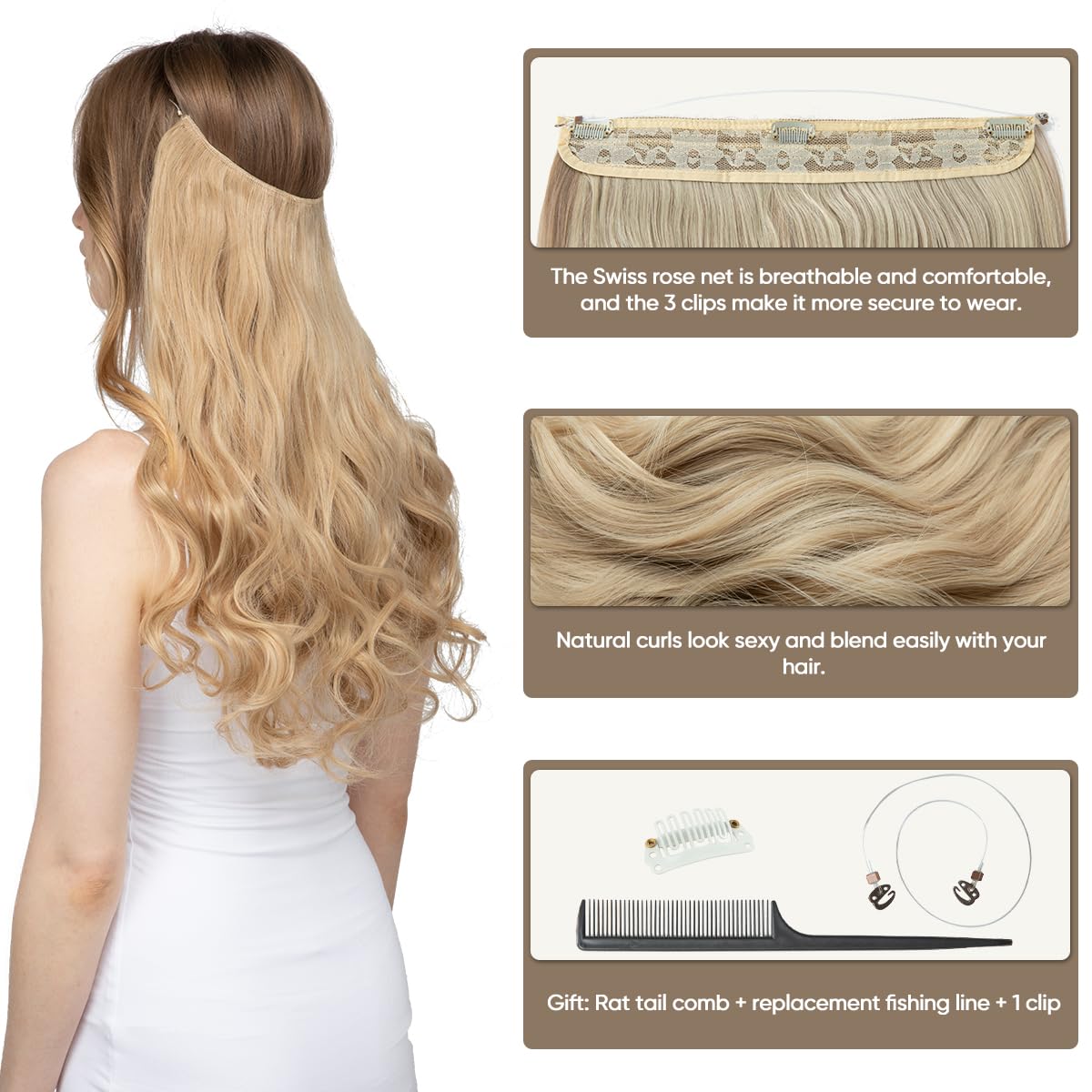 SARLA Invisible Wire Hair Extensions with 3 Clips Long Synthetic Wavy Curly Hairpiece Adjustable Transparent Headband for Women 18 Inch Chestnut Brown Beauty and Personal Care SARLA