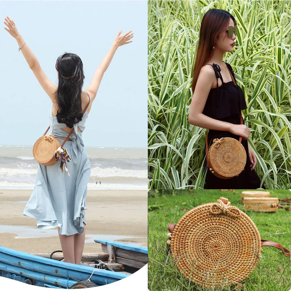 Handmade Rattan Woven Bag Round Retro Crossbody Bags Classic Shoulder Bag Ladies and Girls Party Handbags Wallets (Bow Button) 7.09x7.09x2.76IN