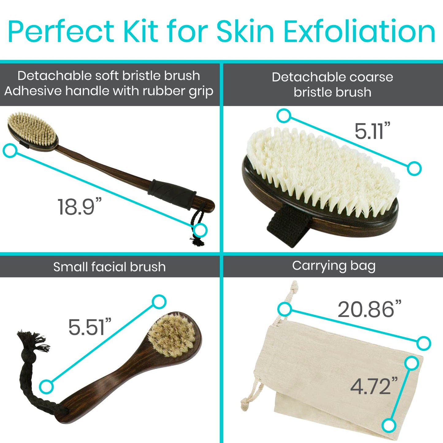 Vive Dry Brush Set for Lymphatic Drainage (3 Pieces) - Brushing Scrubber for Exfoliating, Body Cellulite and Skin Massage - 100% Natural Boar Hair