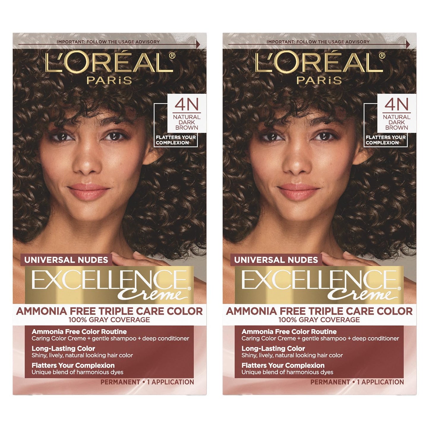 L’Oreal Paris Excellence Universal Nudes Permanent Hair Color, Ammonia Free Hair Dye for Gray Hair Coverage, 4N Natural Dark Brown, 1 Kit (Pack of 2)
