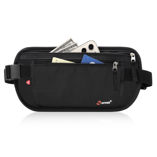 Money Belt - Passport Holder Security Hidden Slim Travel Wallet Fanny Pack with RFID Blocking - Black