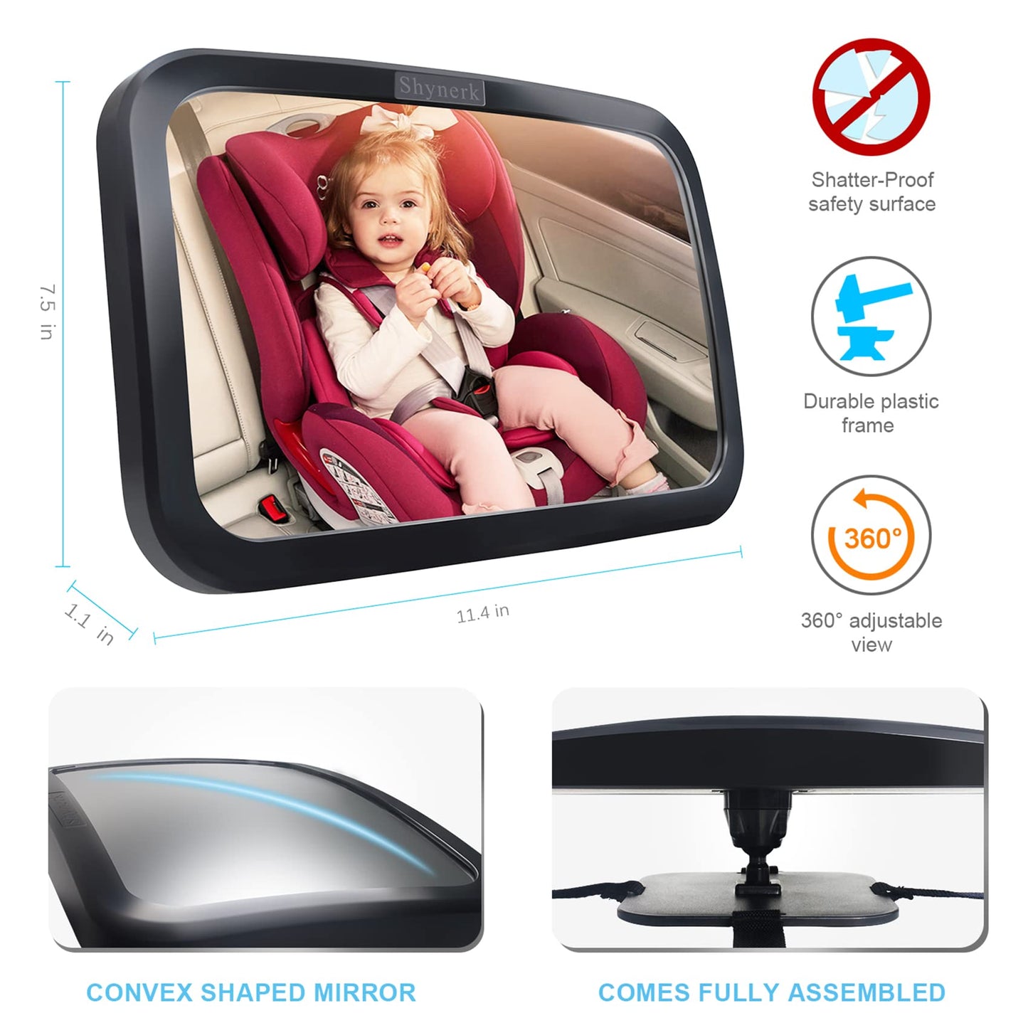 Shynerk Baby Car Mirror, Safety Car Seat Mirror for Rear Facing Infant with Wide Crystal Clear View, Shatterproof, 360° Rotation, Crash Tested and…