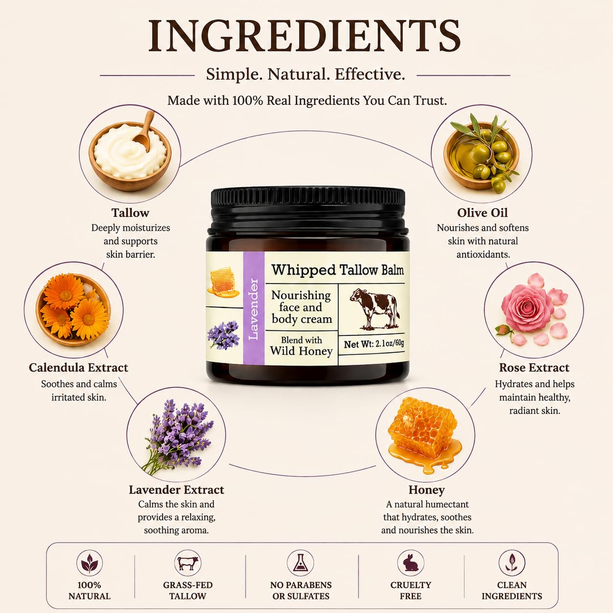 URQT Whipped Tallow Balm - Organic Grass-Fed Beef Tallow for Skin with Honey & Lavender - Deeply Moisturizing Natural Skin Care for Face & Body - Soft Beauty and Personal Care URQT