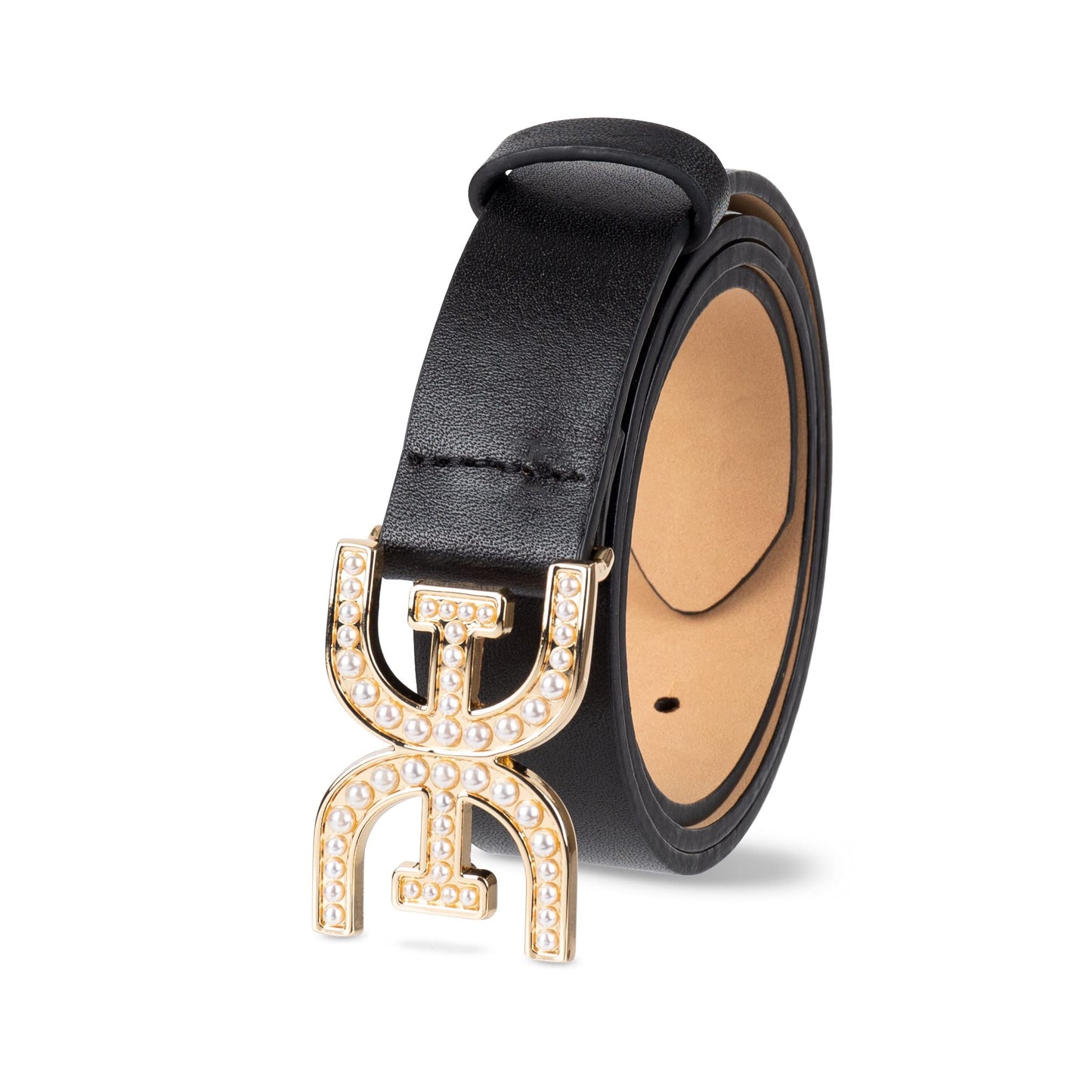 Sam Edelman Women's Pearl Embellished Double-E Logo Plaque Buckle Belt, Black, Small