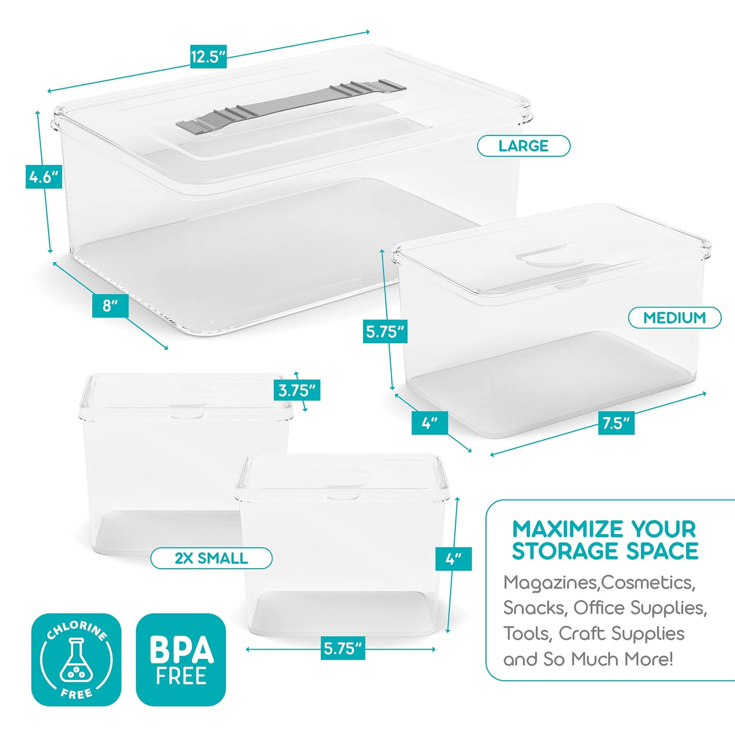 Richards Homewares Clear Plastic Storage Bins with Lids - 1 Large, 1 Medium and 2 Small Storage Containers for Closet Fridge Pantry Organizing