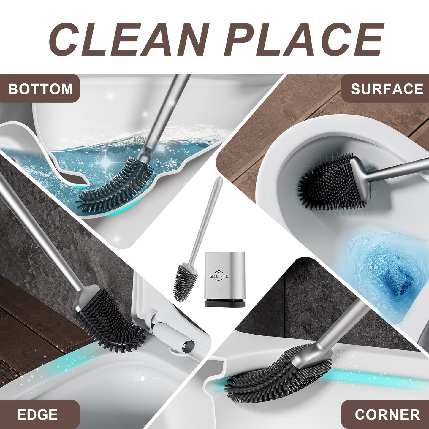 Sellemer Toilet Brush and Holder Set – Flexible Silicone Bristles, Compact Design with Ventilated Base – 1 Pack, Silver