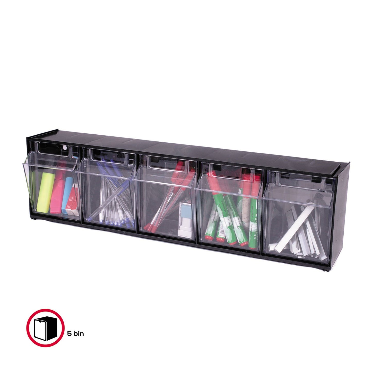 Deflecto 20504OP Five-bin horizontal tilt bin storage system, 23-5/8w x 5-1/4d x 6-1/2h, black