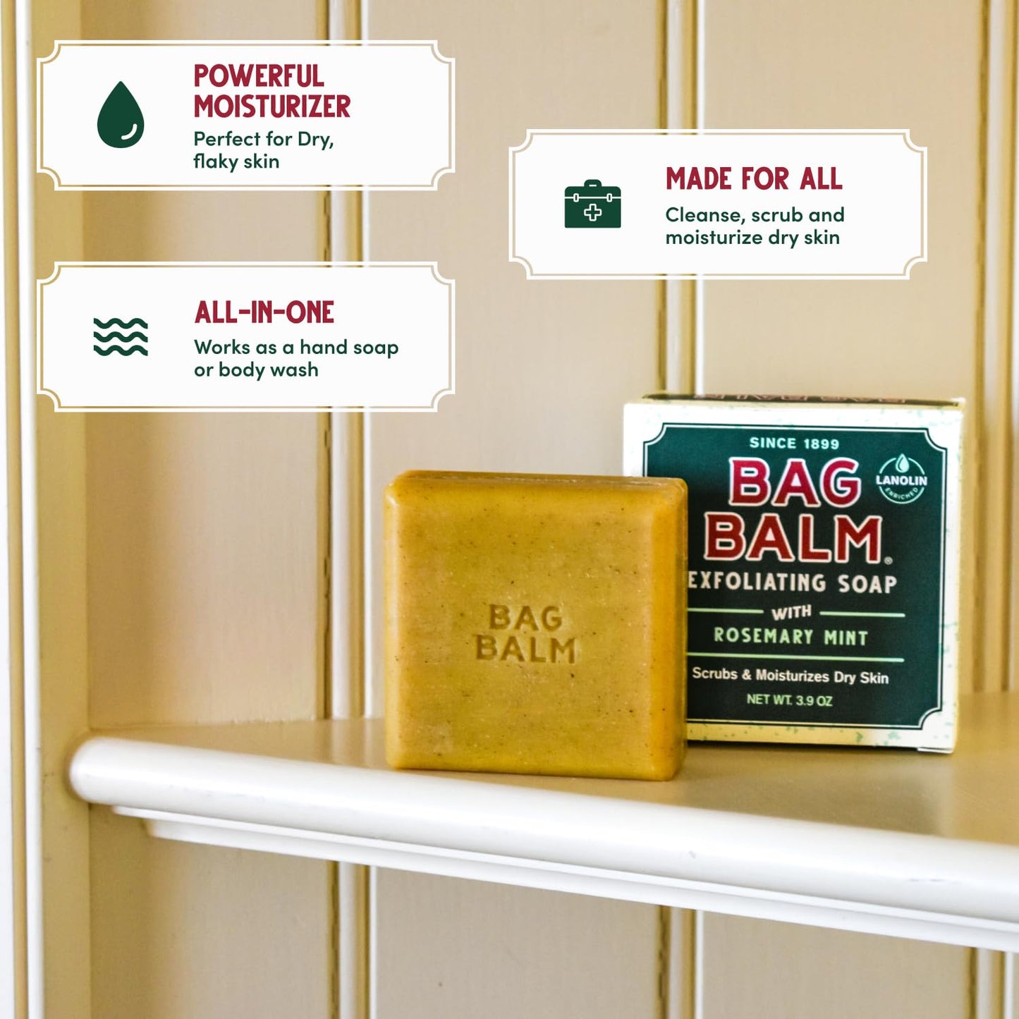 Bag Balm Vermont's Original Exfoliating Soap Bar, Body Soap Bars, Hand Soap Bar - Soap for Dry Skin - Rosemary Mint Scented Bars of Soap, Body Soap