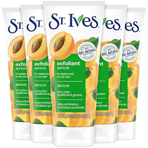 St. Ives Apricot Facial Scrub, Fresh Skin 5-Pack - Face Exfoliant for Balanced to Oily Skin, 6 Oz Ea