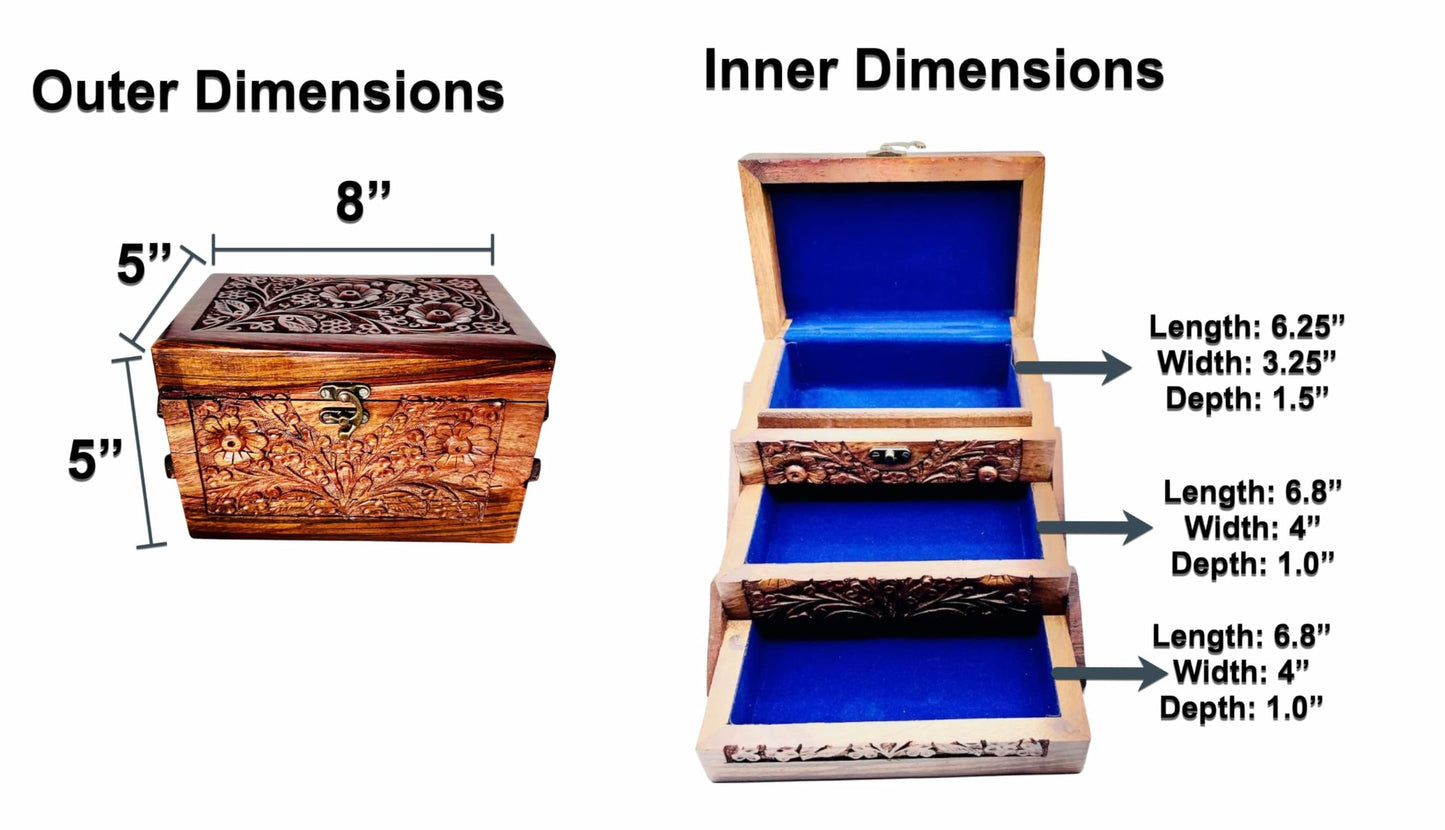 Eid Gifts - Handcrafted Jewelry Box with Floral Carvings, 3-Compartment Jewelry Organizer for Earrings, Rings, Necklaces (Large Size 8''x5''x5'')